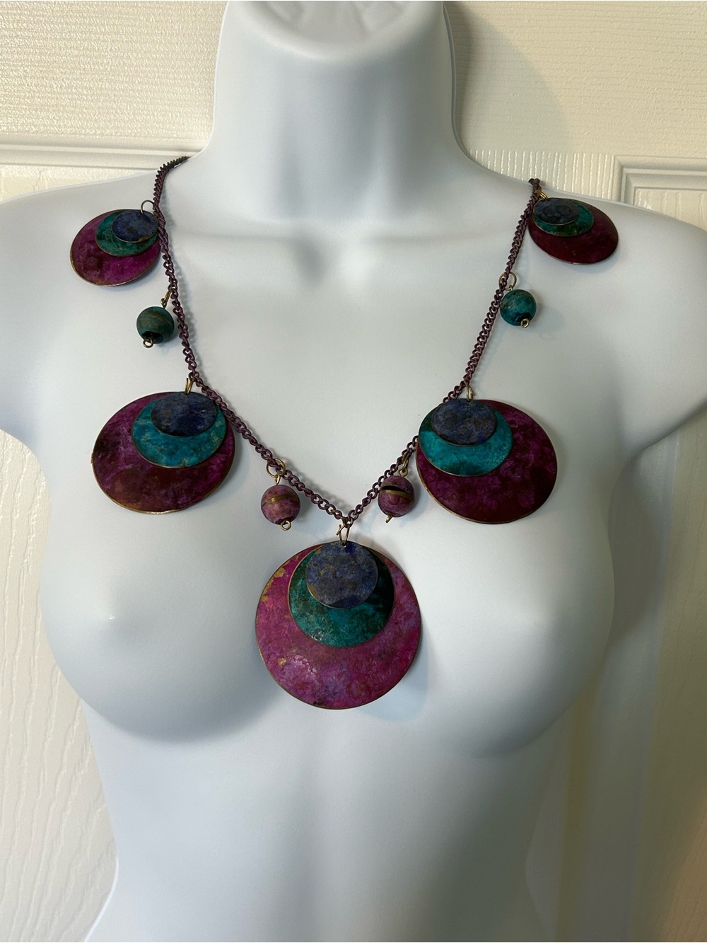 Vintage Metal Disc Necklace & Earring Set - Pink Blue Teal Purple